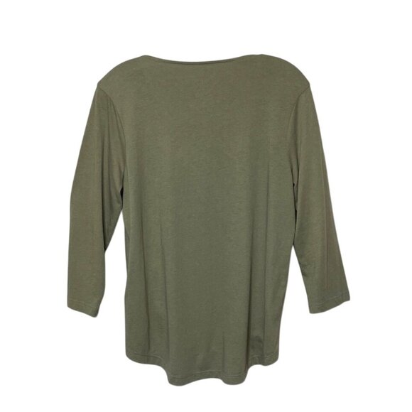 Chicos Olive Green 3/4 Sleeve Top Lace Detail Sz 1= M Cotton Blend Lightweight - Picture 2 of 5